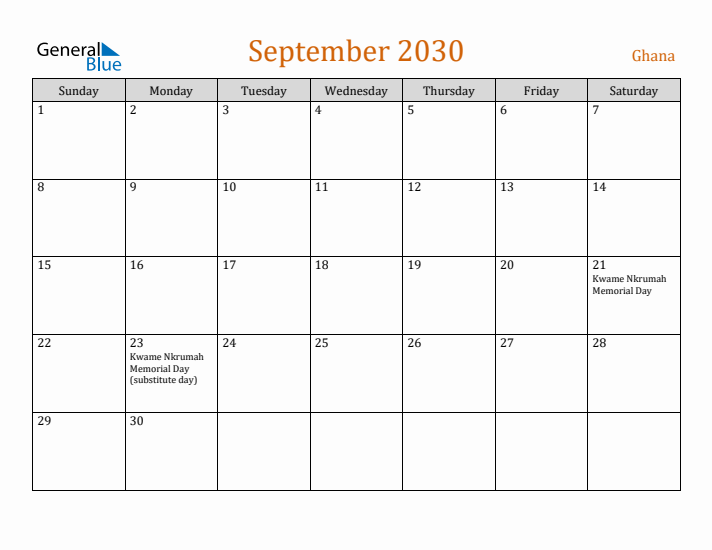 September 2030 Holiday Calendar with Sunday Start