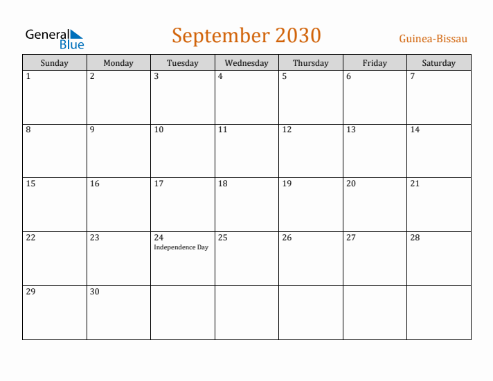 September 2030 Holiday Calendar with Sunday Start