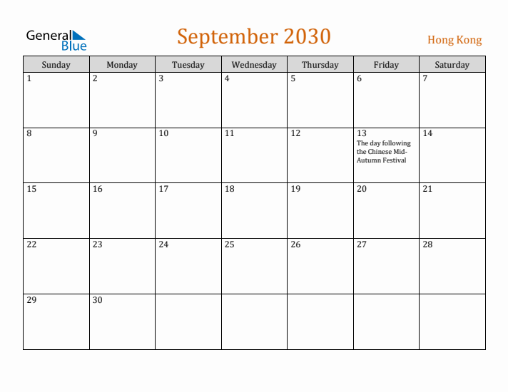 September 2030 Holiday Calendar with Sunday Start