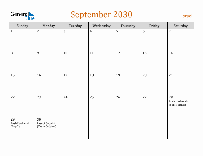 September 2030 Holiday Calendar with Sunday Start