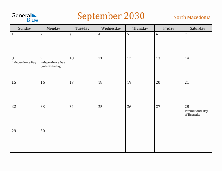 September 2030 Holiday Calendar with Sunday Start