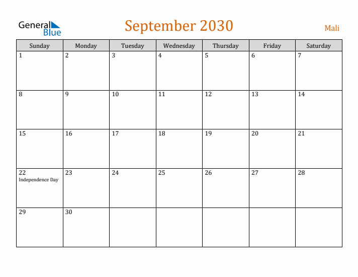 September 2030 Holiday Calendar with Sunday Start