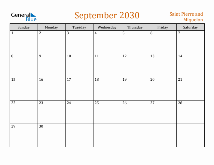 September 2030 Holiday Calendar with Sunday Start