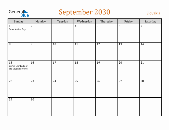 September 2030 Holiday Calendar with Sunday Start