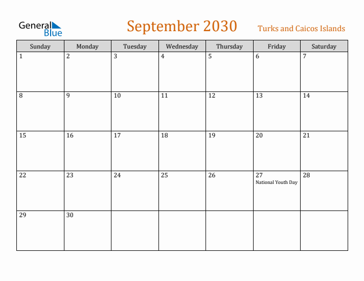 September 2030 Holiday Calendar with Sunday Start