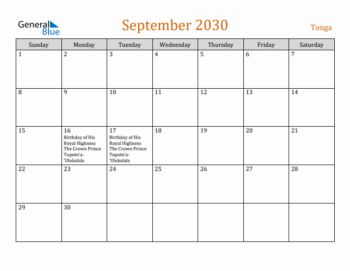 September 2030 Holiday Calendar with Sunday Start