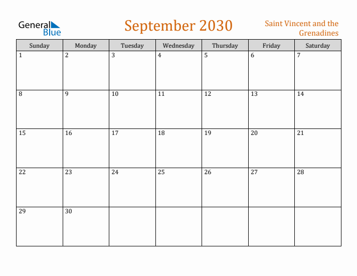 September 2030 Holiday Calendar with Sunday Start