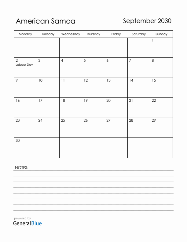 September 2030 American Samoa Calendar with Holidays (Monday Start)