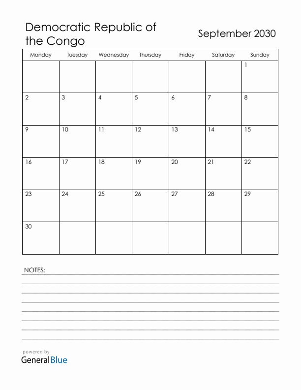 September 2030 Democratic Republic of the Congo Calendar with Holidays (Monday Start)