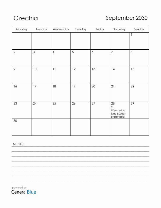 September 2030 Czechia Calendar with Holidays (Monday Start)