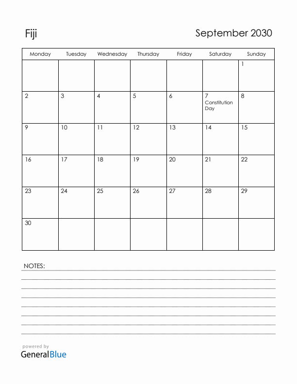 September 2030 Fiji Calendar with Holidays (Monday Start)