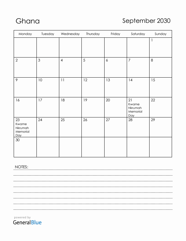 September 2030 Ghana Calendar with Holidays (Monday Start)