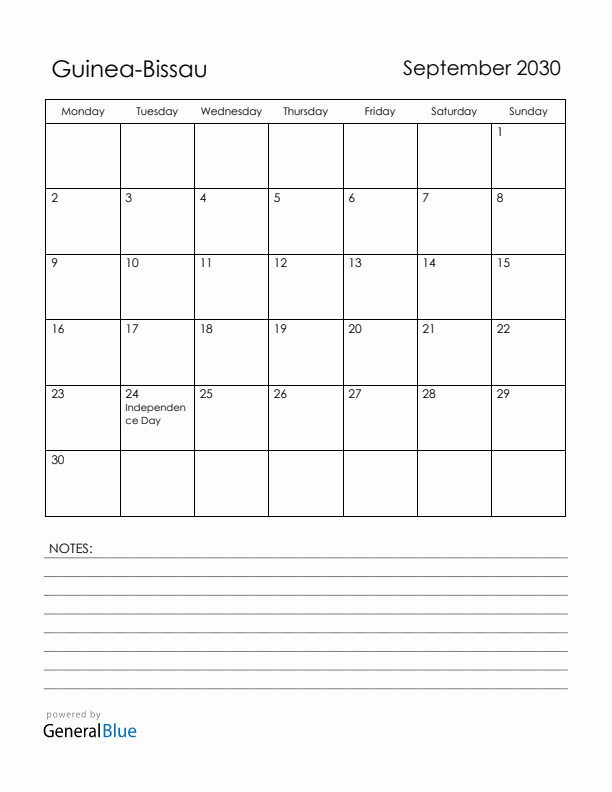 September 2030 Guinea-Bissau Calendar with Holidays (Monday Start)