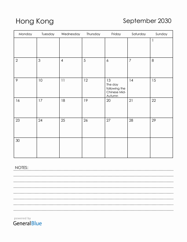 September 2030 Hong Kong Calendar with Holidays (Monday Start)