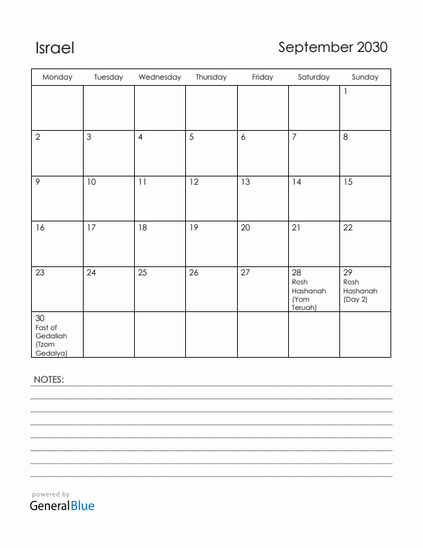 September 2030 Israel Calendar with Holidays (Monday Start)