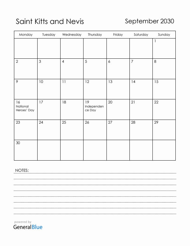 September 2030 Saint Kitts and Nevis Calendar with Holidays (Monday Start)