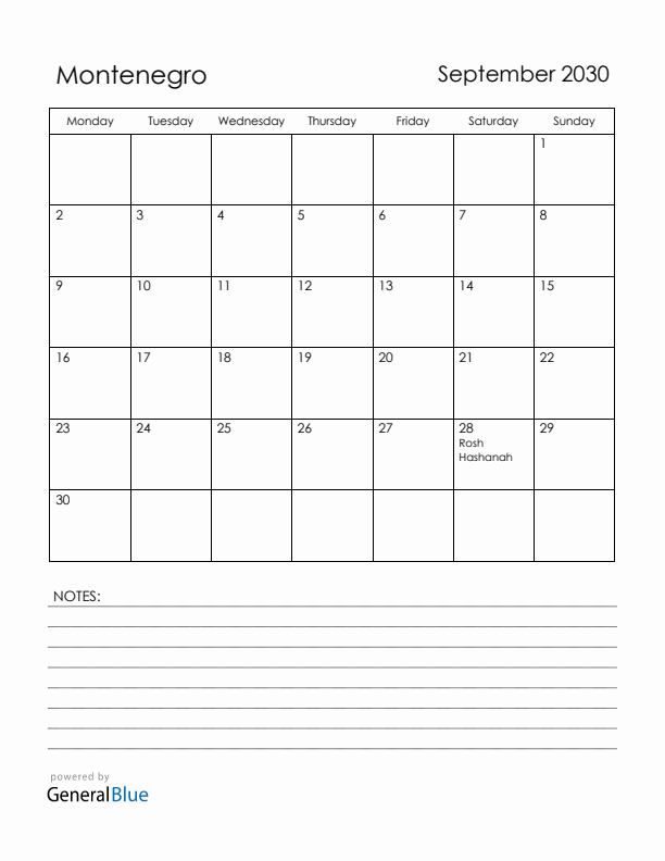 September 2030 Montenegro Calendar with Holidays (Monday Start)
