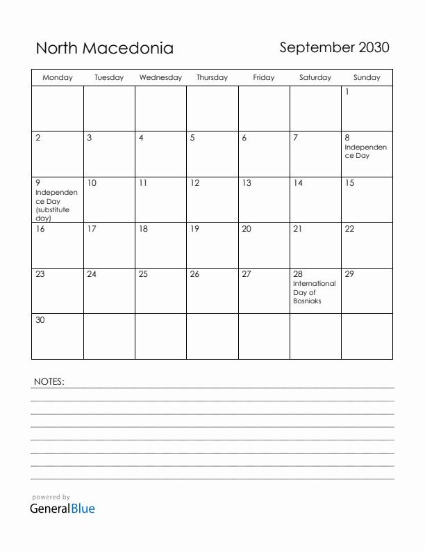 September 2030 North Macedonia Calendar with Holidays (Monday Start)