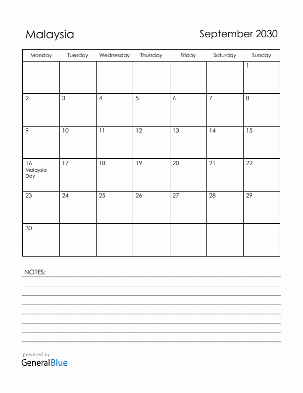 September 2030 Malaysia Calendar with Holidays (Monday Start)