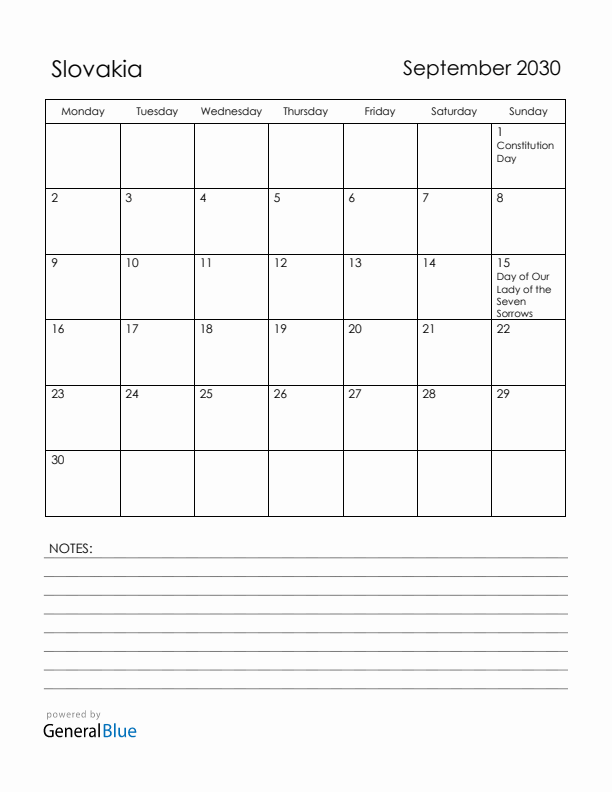 September 2030 Slovakia Calendar with Holidays (Monday Start)