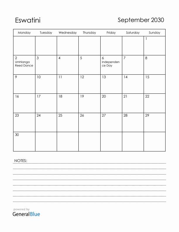 September 2030 Eswatini Calendar with Holidays (Monday Start)