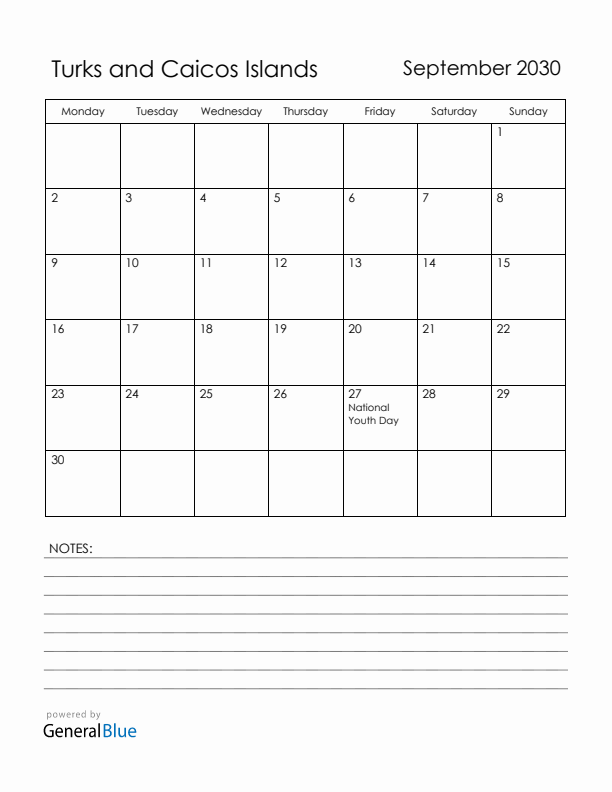 September 2030 Turks and Caicos Islands Calendar with Holidays (Monday Start)
