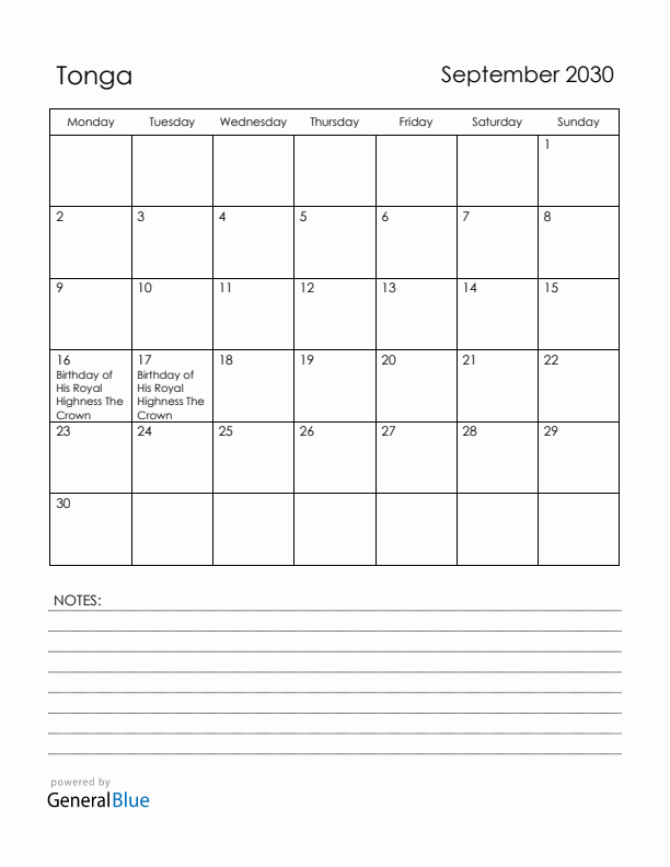 September 2030 Tonga Calendar with Holidays (Monday Start)