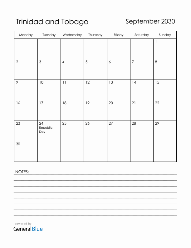 September 2030 Trinidad and Tobago Calendar with Holidays (Monday Start)