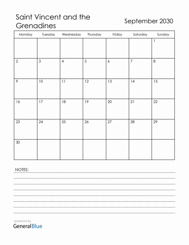 September 2030 Saint Vincent and the Grenadines Calendar with Holidays (Monday Start)