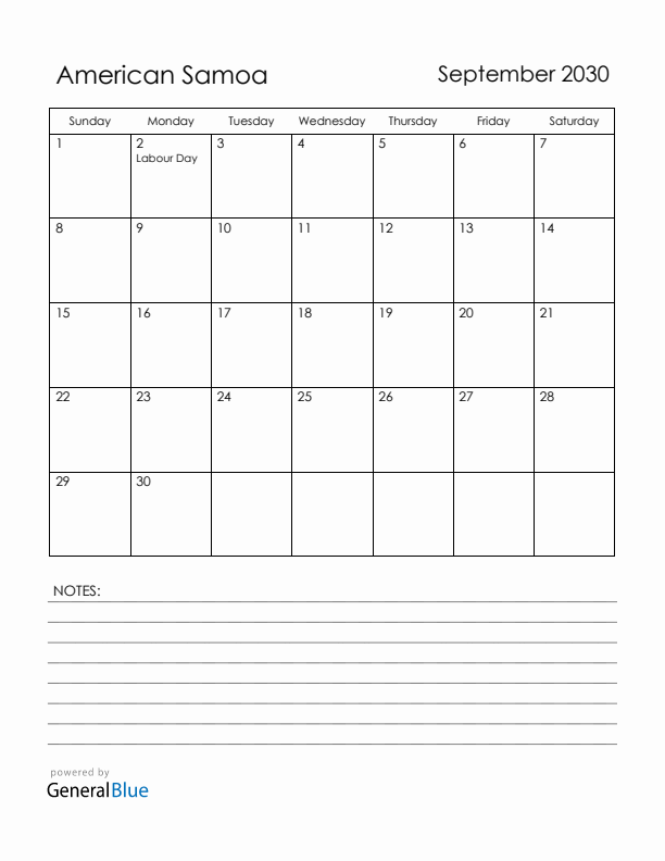 September 2030 American Samoa Calendar with Holidays (Sunday Start)