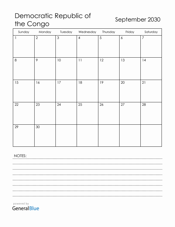 September 2030 Democratic Republic of the Congo Calendar with Holidays (Sunday Start)