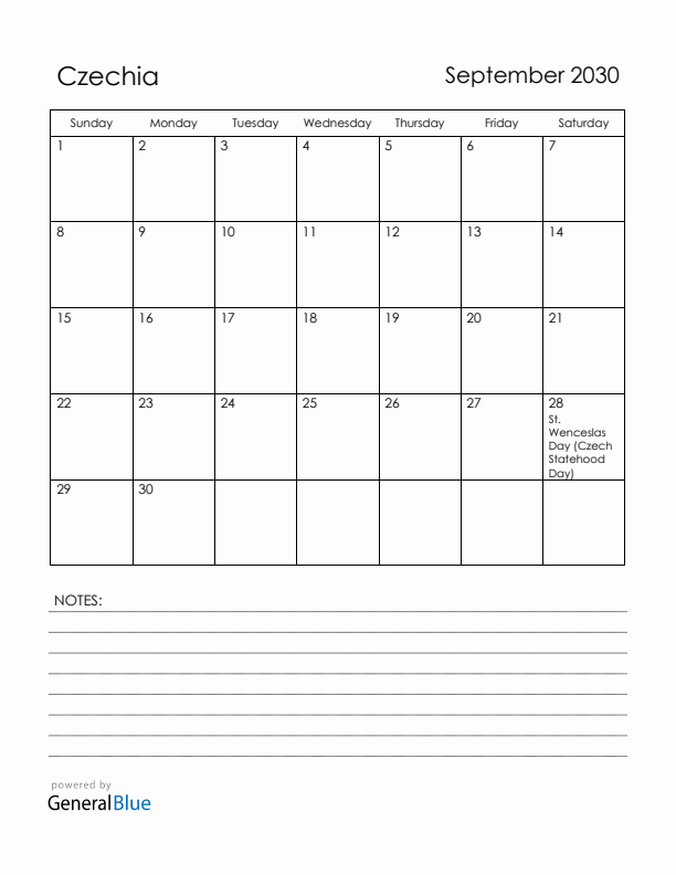 September 2030 Czechia Calendar with Holidays (Sunday Start)