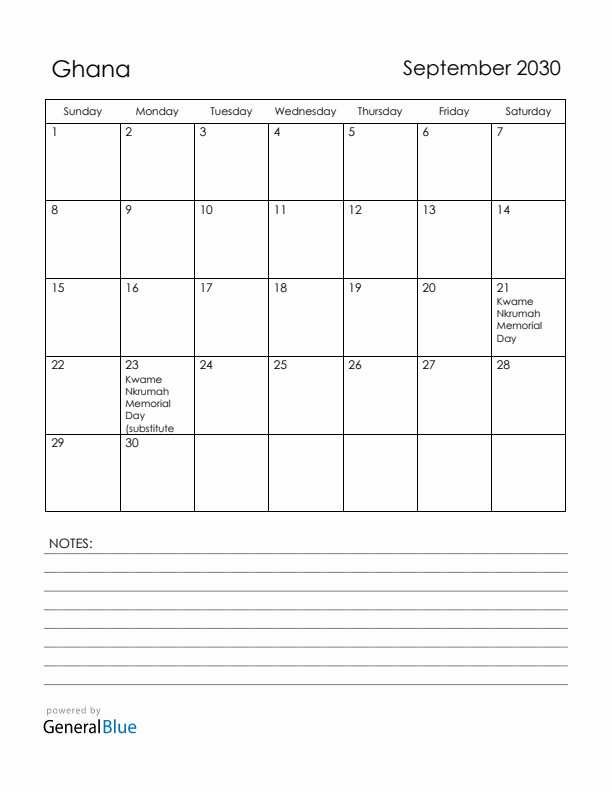 September 2030 Ghana Calendar with Holidays (Sunday Start)