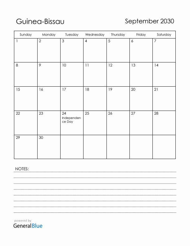 September 2030 Guinea-Bissau Calendar with Holidays (Sunday Start)