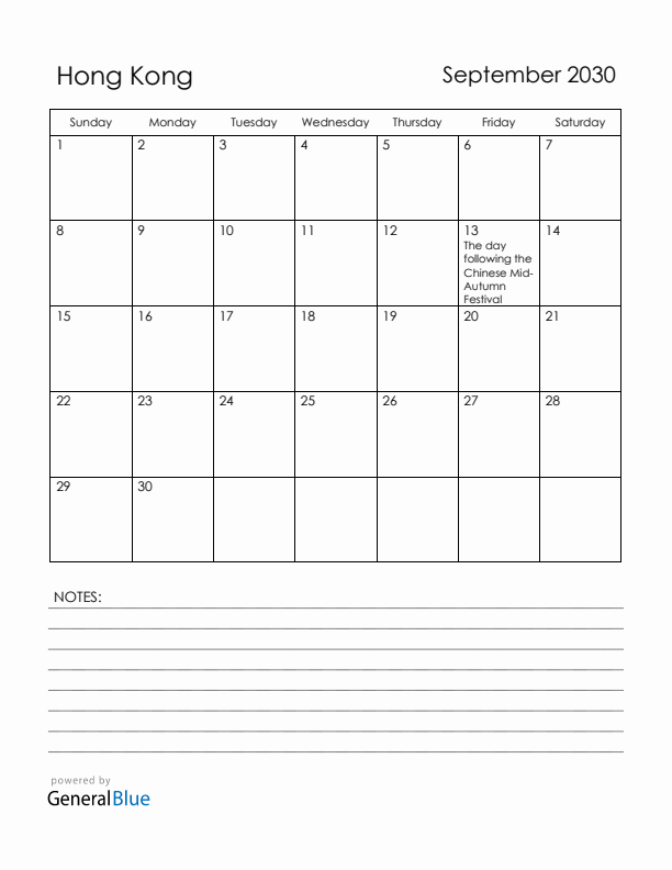 September 2030 Hong Kong Calendar with Holidays (Sunday Start)