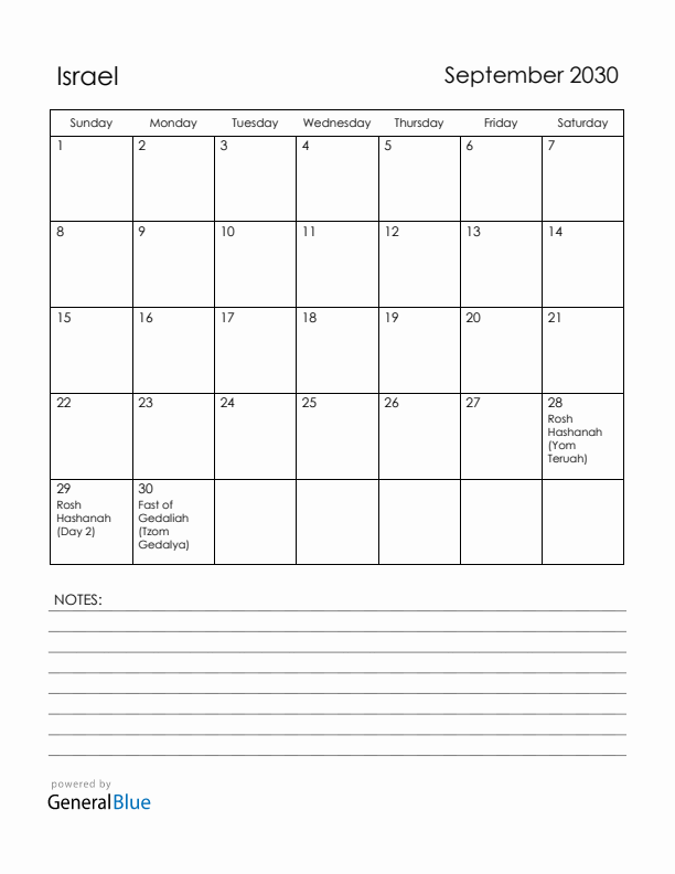 September 2030 Israel Calendar with Holidays (Sunday Start)