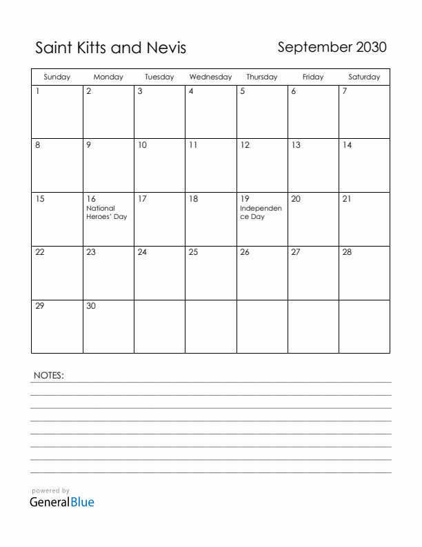 September 2030 Saint Kitts and Nevis Calendar with Holidays (Sunday Start)
