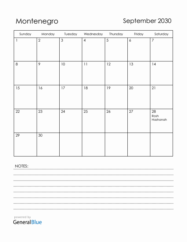 September 2030 Montenegro Calendar with Holidays (Sunday Start)