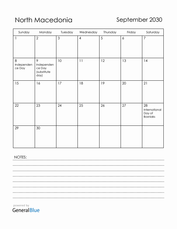 September 2030 North Macedonia Calendar with Holidays (Sunday Start)