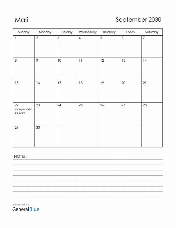 September 2030 Mali Calendar with Holidays (Sunday Start)
