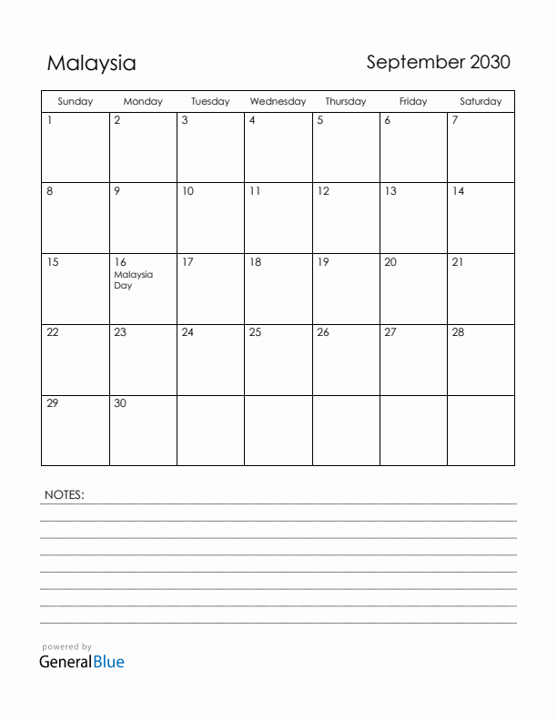 September 2030 Malaysia Calendar with Holidays (Sunday Start)