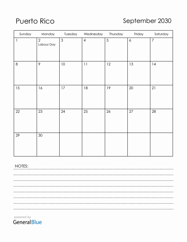 September 2030 Puerto Rico Calendar with Holidays (Sunday Start)