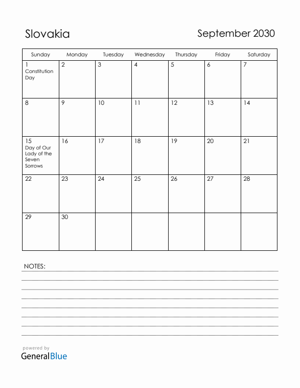 September 2030 Slovakia Calendar with Holidays (Sunday Start)