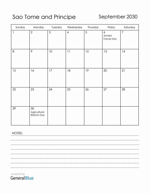 September 2030 Sao Tome and Principe Calendar with Holidays (Sunday Start)