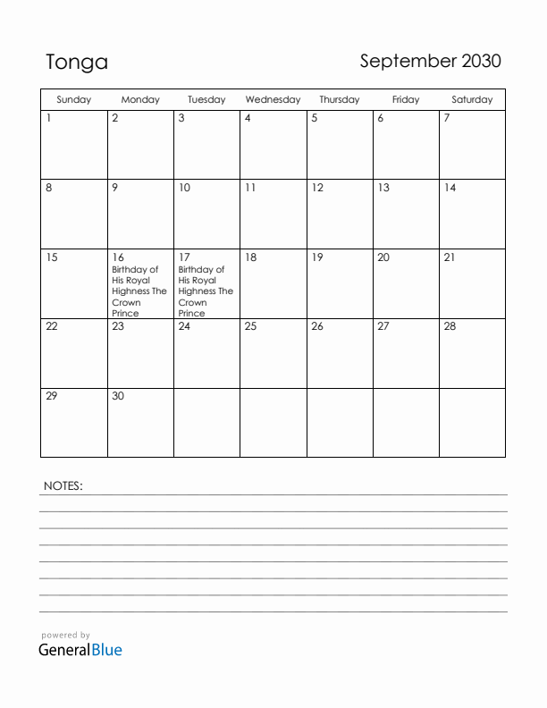 September 2030 Tonga Calendar with Holidays (Sunday Start)