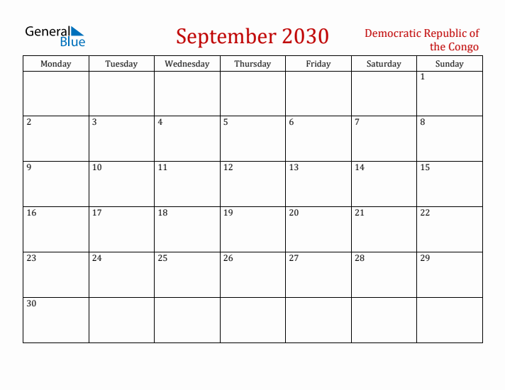 Democratic Republic of the Congo September 2030 Calendar - Monday Start