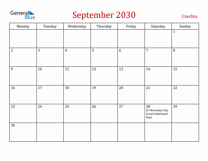 Czechia September 2030 Calendar - Monday Start