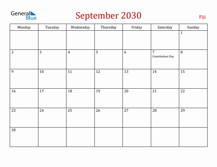 Fiji September 2030 Calendar - Monday Start