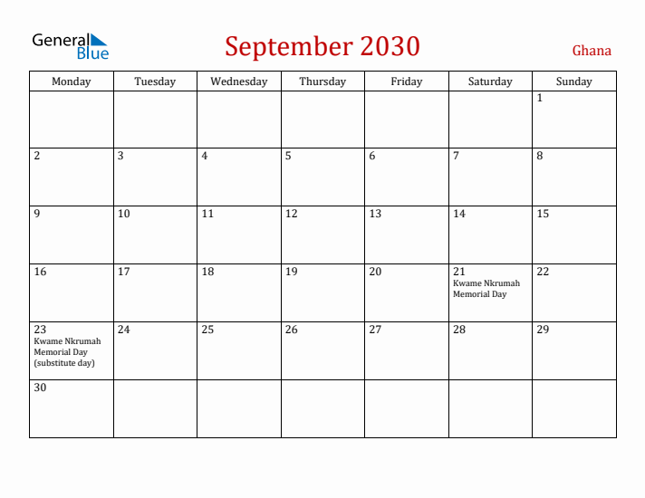 Ghana September 2030 Calendar - Monday Start
