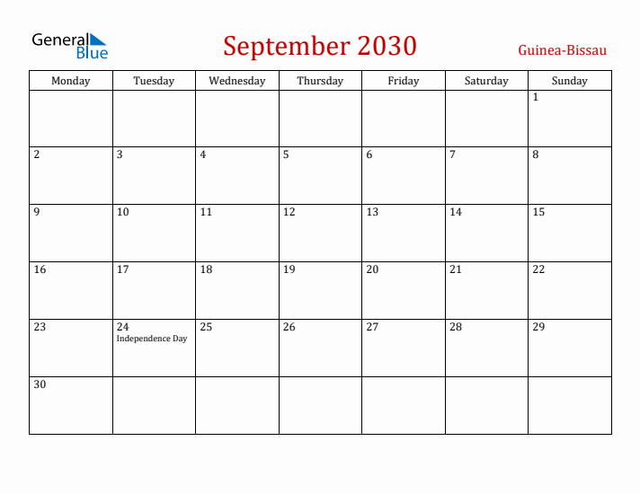 Guinea-Bissau September 2030 Calendar - Monday Start